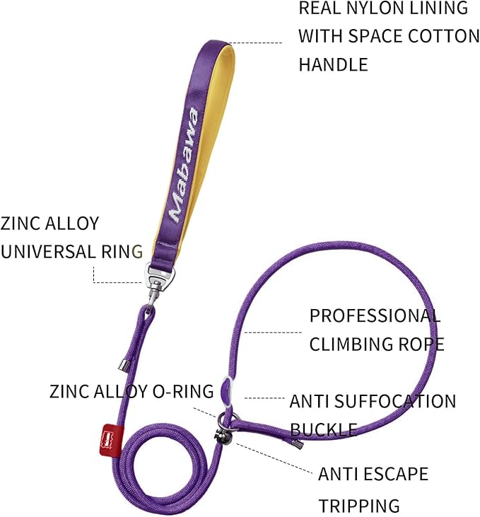 Dog Anti-Slip Leash 5FT with Metal Stopper - Durable No-Pull Training Lead for Small, Medium &amp; Large Dogs - Comfortable Handle Nylon Rope, Tangle-Free Pet Walking Leash (Purple, 5.6FT)