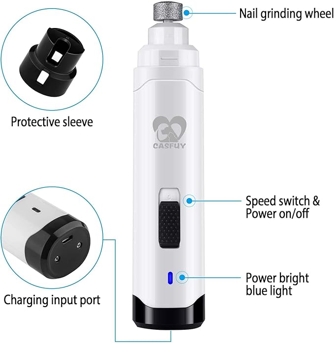 Casfuy Dog Nail Grinder Upgraded - Professional 2-Speed Electric Rechargeable Pet Nail Trimmer Painless Paws Grooming &amp; Smoothing for Small Medium Large Dogs &amp; Cats (White)