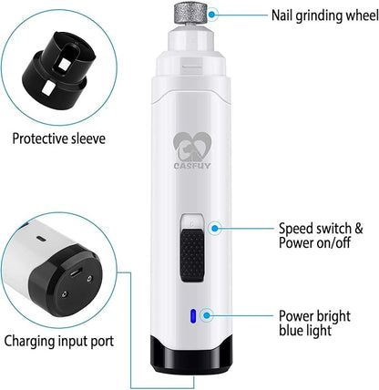 Casfuy Dog Nail Grinder Upgraded - Professional 2-Speed Electric Rechargeable Pet Nail Trimmer Painless Paws Grooming &amp; Smoothing for Small Medium Large Dogs &amp; Cats (White)