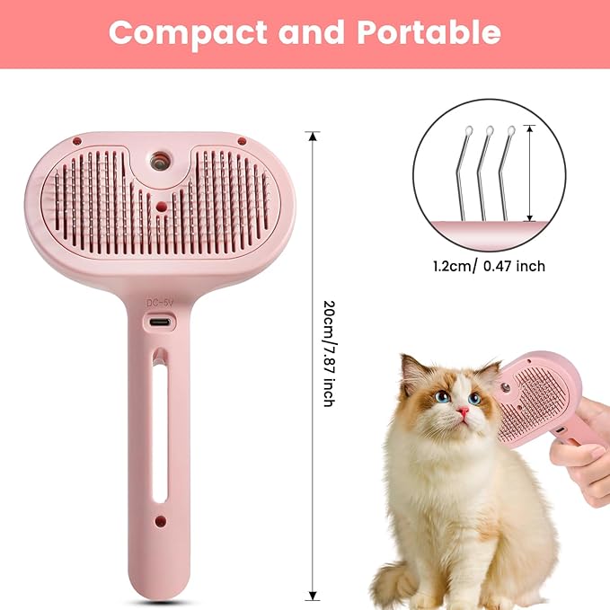 Steam Brush for Shedding Pets - Self-Cleaning Grooming Comb with Water Tank for Long &amp; Short Haired Cats and Dogs (Pink)