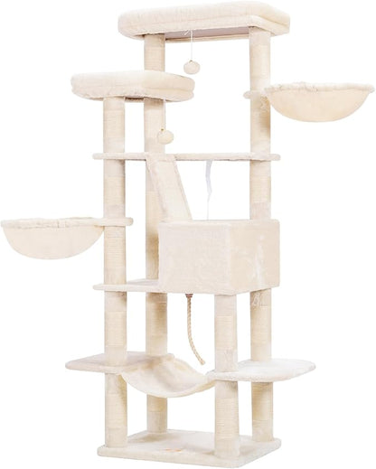 Heybly Cat Tree, 68 inch Multi-Level Cat Tower for Indoor Cats, 2 Widened Plush Perches Cat Condo with Scratching Board and Big Caves, Beige HCT025M