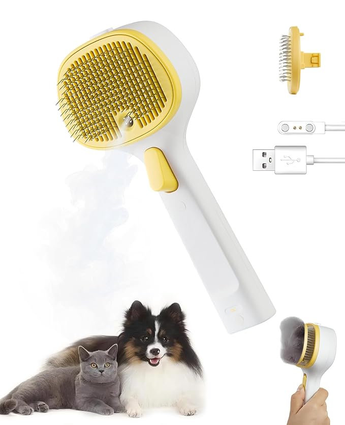 FURGO 3-in-1 Pet Steam Brush for Dogs &amp; Cats – Reduces Static, Short-Pin Head for Short Hair, One-Click Release Button, Dog Spray Brush for Shedding Control (Short)