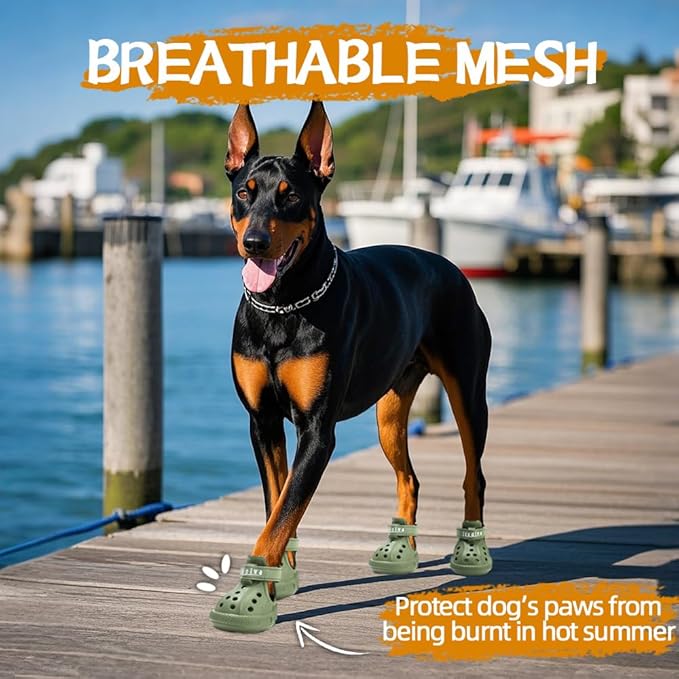 JZXOIVA Dog Shoes for Hot Pavement, Dog Booties for Large Dogs, Breathable Dog Boots &amp; Paw Protectors, Adjustable Non-Slip Dog Rain Booties, Waterproof Pets Sandals for Beach Green Size 10