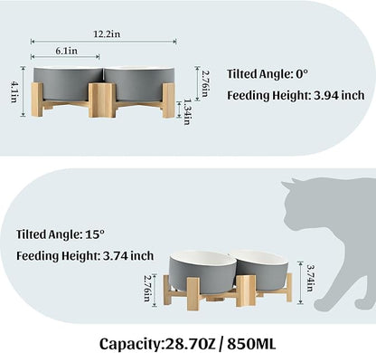 SPUNKYJUNKY 15° Slanted Ceramic Dog and Cat Bowl with Wooden Stand, Tilted Bulldog Food and Water Bowl No Slip Non-Spill for Cats Medium Dogs Big Face Pets 28.7 OZ (3.6 Cups, White-Grey × 2)