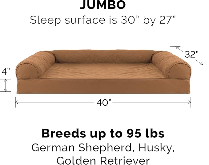 Furhaven Cooling Gel Dog Bed for Large Dogs w/ Removable Bolsters &amp; Washable Cover, For Dogs Up to 95 lbs - Quilted Sofa - Toasted Brown, Jumbo/XL
