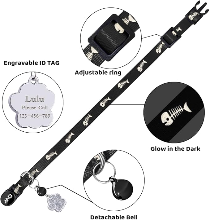 Personalized Breakaway Cat Collars Glow-in-The-Dark with ID Tag, Bell - Safety Quick - Release, Customizable for Female Male Kittens &amp; Cats (Black)
