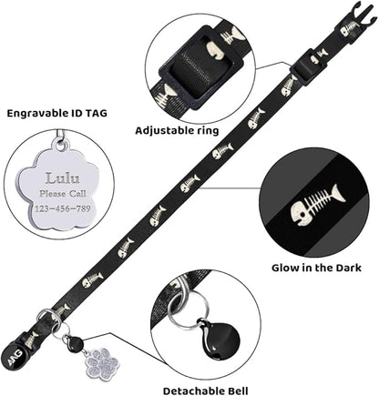 Personalized Breakaway Cat Collars Glow-in-The-Dark with ID Tag, Bell - Safety Quick - Release, Customizable for Female Male Kittens &amp; Cats (Black)