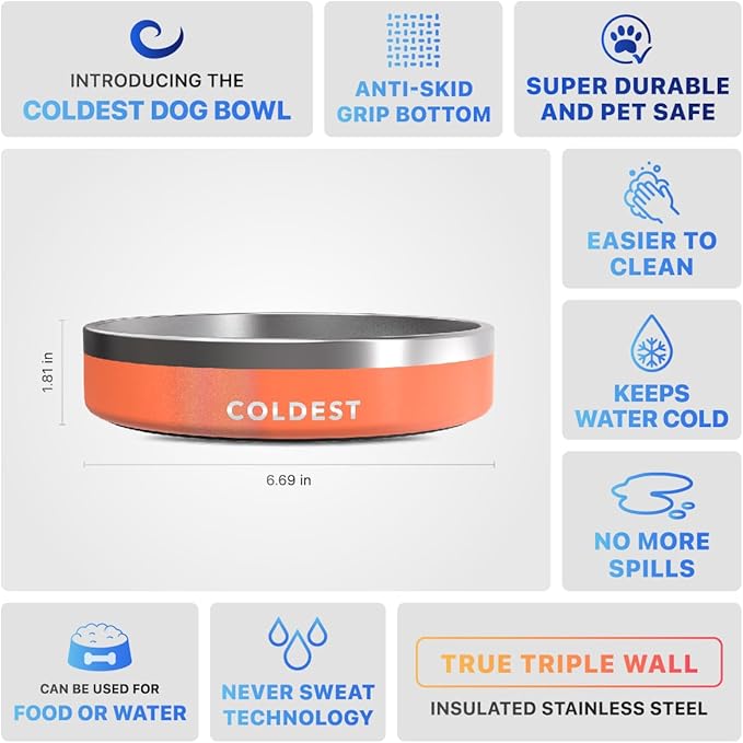 Coldest Dog Bowl - Anti Rust Metal, Non Slip, 3 Layers Insulated Stainless Steel Dog Bowls - Spill Proof &amp; Heavy Duty - Water Bowl for Dogs, Cats &amp; Pets, Dish Washer Safe (21 oz, Mars Red Glitter)