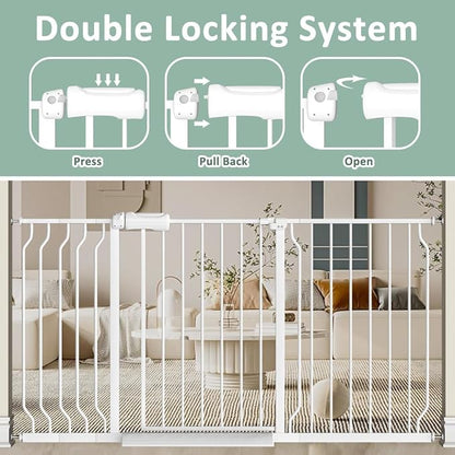 57.5"-62" Extra Wide Auto Closing Baby Safety Gate for Stairs &amp; Doorways, Pressure Mounted No Drill Pet Gate with Walk-Through Door - Heavy Duty Childproof Gate for Toddlers, Kids, Dogs (White)