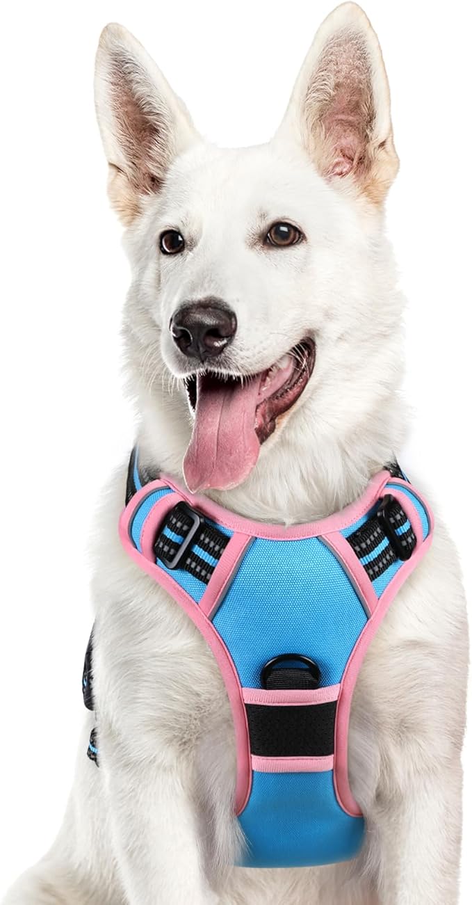 Eagloo Dog Harness for Large Dogs, No Pull Service Vest with Reflective Strips and Control Handle, Adjustable and Comfortable for Walking, No Choke Pet Harness with 2 Metal Rings, Pink &amp; Blue, XL