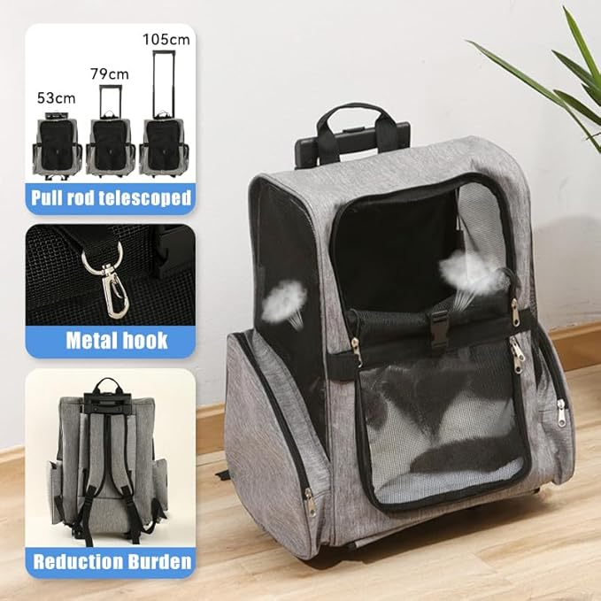 Pet Trolley Bag Cat Dog Travel Bag Portable &amp; Breathable Pet Carrier Backpack - Lightweight Dual-Shoulder Design for Easy Travel with Your Beloved Companion Scalable Pull Rod pet Bag (Grey)