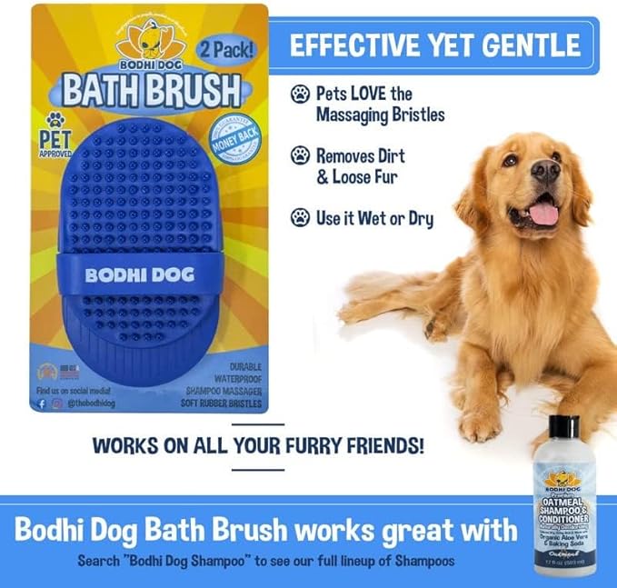 Bodhi Dog Shampoo Brush - Pet Grooming &amp; Bath Supplies for Dogs and Cats - Bath Brush for Long &amp; Short Hair - Premium Scrubber for Shower, Bathing &amp; Massage (Two Pack, Blue)