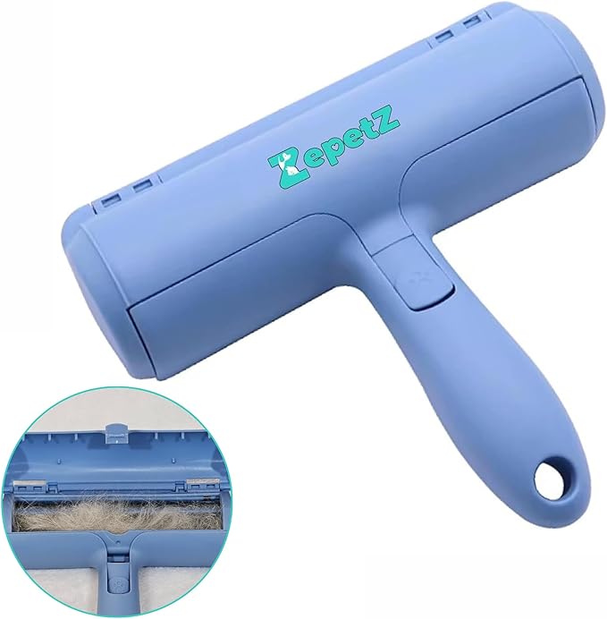 Pet Hair Removal Tool – Reusable Lint Roller for Dogs &amp; Cats – Self-Cleaning Fur Remover Brush – Ergonomic Lint Roller for Carpet, Bedding, Couch, Car Seat &amp; More (Blue)