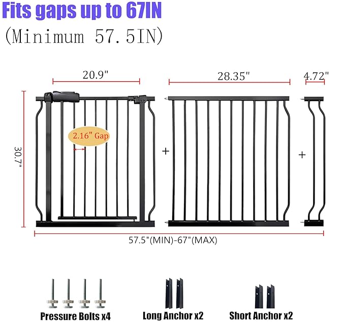 Extra Wide 62-67 Inch Baby Gates for Stairs, Doorways - No Drilling, Pressure Mounted Pet Gates for Kids &amp; Dogs