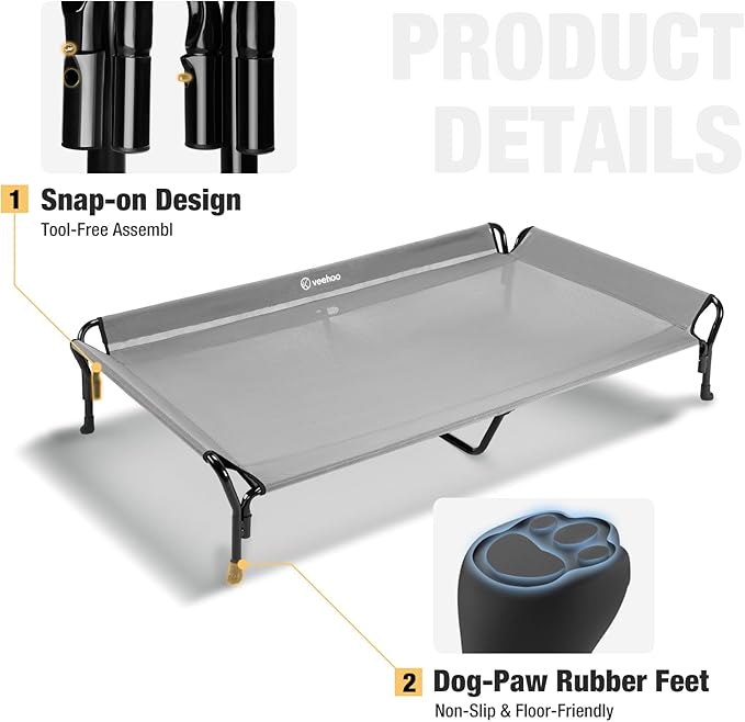 Veehoo Cooling Elevated Dog Bed, XL Raised Pet Cot with Guardrail &amp; Slope Headrest, Durable Breathable Teslin Mesh, Non-Slip Feet, Washable Dog Couch Bed for Indoor &amp; Outdoor, 50.5" x 33.5, Gray