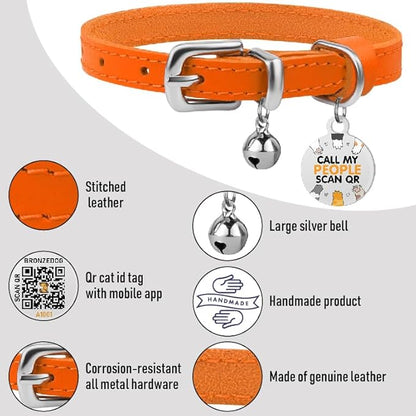 BRONZEDOG Leather Cat Collar with Removable Bells Non Breakaway Kitten QR Tag for Girl Boy (9" - 12" Cats/Mini Dogs, Orange &amp; Silver)