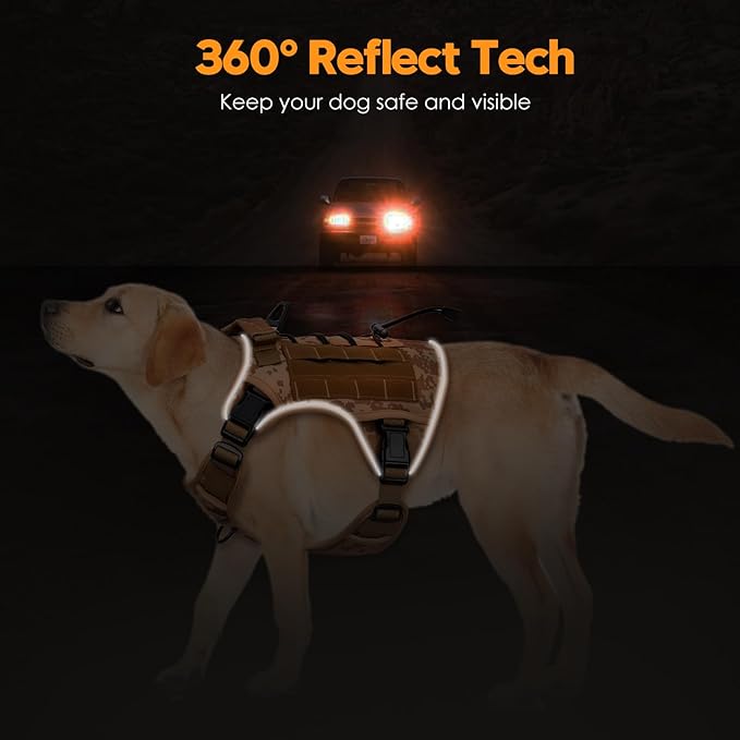 Heavy-Duty Tactical Dog Harness for Large Dogs, No Pull Adjustable Reflective Pet Vest with Molle System, K9 Military-Grade Control for Service Training, Outdoor &amp; 10+ Breeds, Khaki Camo, X-Large