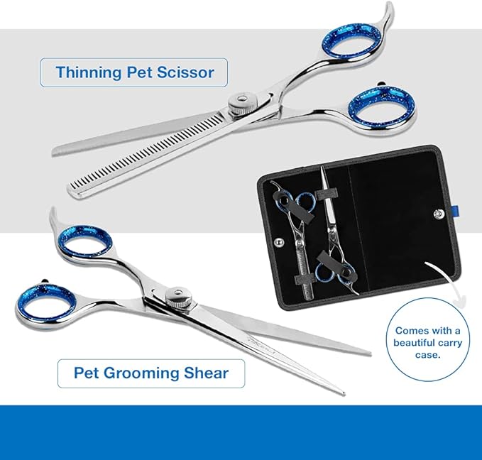 Laazar Pet Grooming Set - 7" Straight Pet Grooming Scissors &amp; 6.5" Pet Thinning Shears with 42 Teeth | Professional Dog Scissors Kit | Use as Cat and Dog Shears