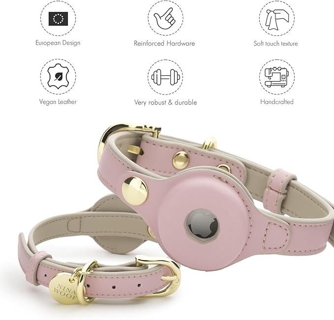 Cupertino Dog Collars, Harnesses &amp; Leashes Made from Vegan Leather with Dog Tracker Device Holder Adjustable Dog Collar (Large, Pink)