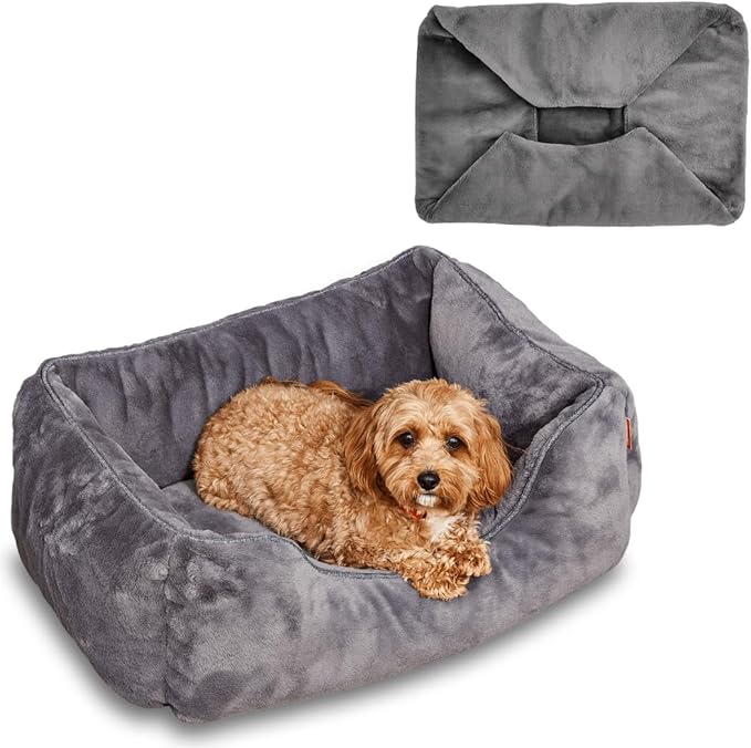 FUZI Luxury Aesthetic Dog Bed with Extra Cover for Small Dogs, Washable Pet Couch, Pet Bed with Sides, Non-Slip Bottom, Soft &amp; Durable Calming Dog Bed, Faux Rabbit Fur, Small 25.1x16.75x9.5 Dark Grey