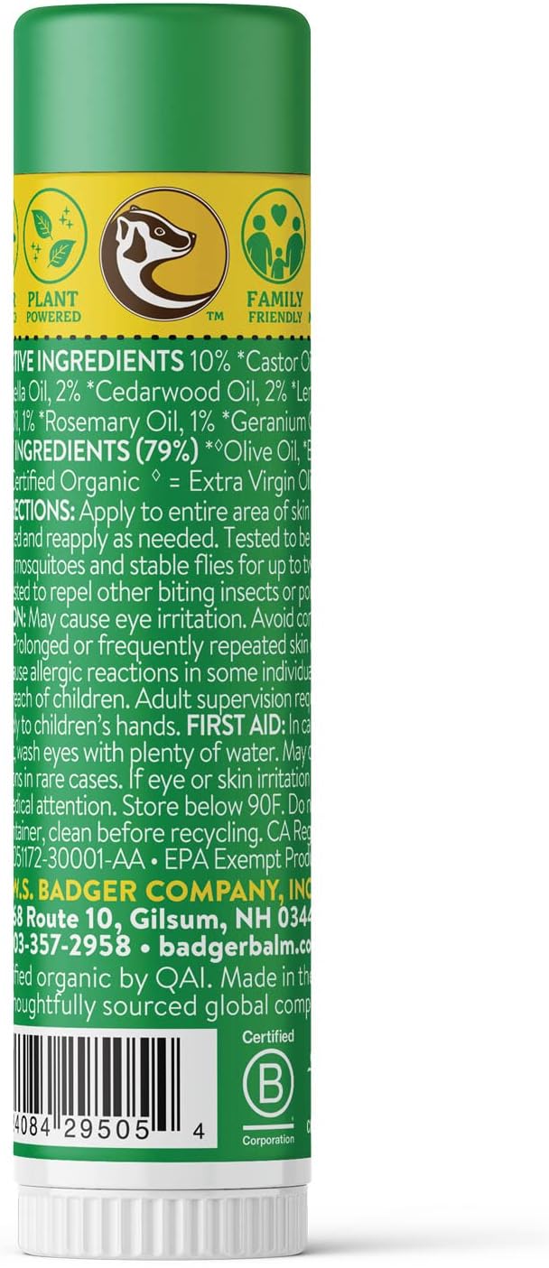 Badger Bug Repellent, Easy to Use Travel Stick, DEET-Free Mosquito Repellent &amp; Insect Protection, Certified Organic Essential Oil Balm