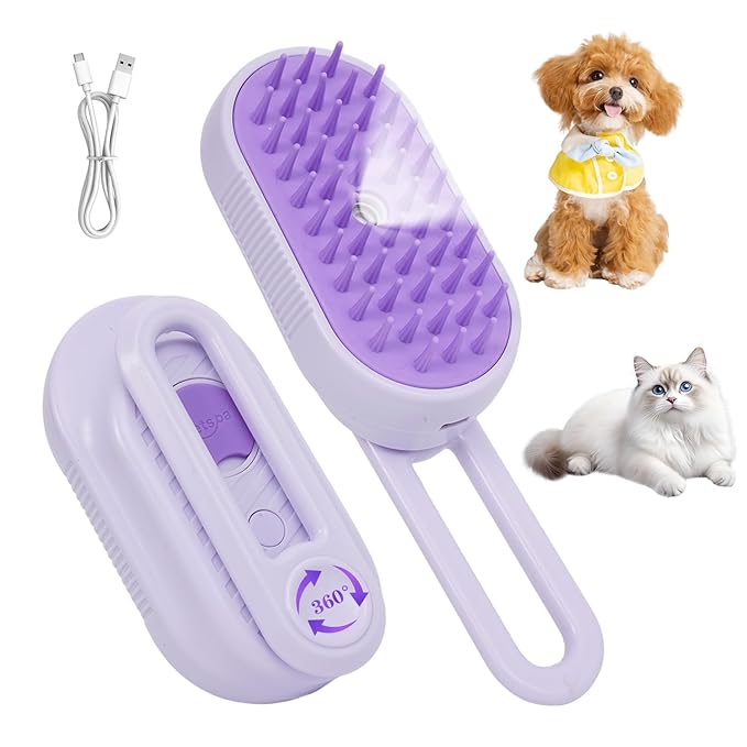 4-in-1 Rechargeable Anti-Dandruff Pet Steam Brush — brush for sheddingCats &amp; Dogs,pet hair removal tool. Integrating functions of massage,clean, hair grooming and anti-static (purple)