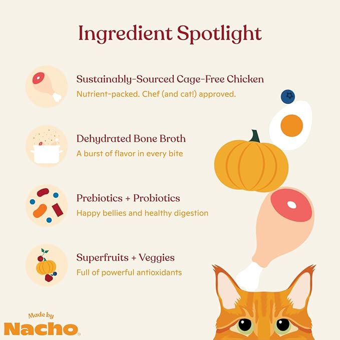 Made by Nacho Dry Cat Kibble 4lb Bag, High Protein and Grain-Friendly Premium Cat Food, Cage-Free Chicken &amp; Pumpkin Recipe, Infused with Bone Broth for Hydration, Limited Ingredients, Single Bag