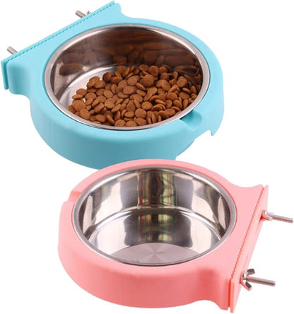 kathson Crate Dog Bowl, Removable Stainless Steel Hanging Pet Cage Bowl Food &amp; Water Feeder Coop Cup for Cat, Puppy, Birds, Rats, Guinea Pigs (2pcs(Pink,Blue))