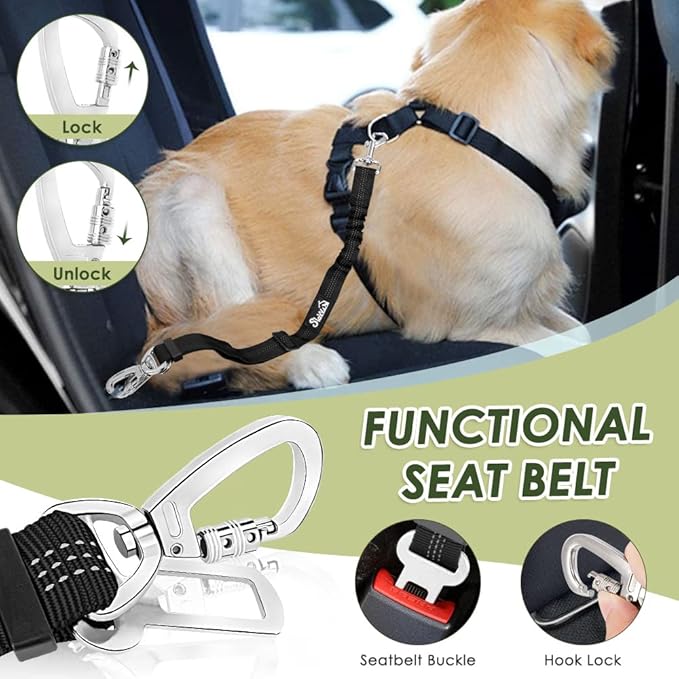 SlowTon Dog Seat Belt Harness for Car, Dog Car Harness Adjustable Mesh Breathable &amp; Dog Seatbelt Safety Tether with Elastic Bungee for Small Medium Large Pets(Camouflage, Double Clip, L)