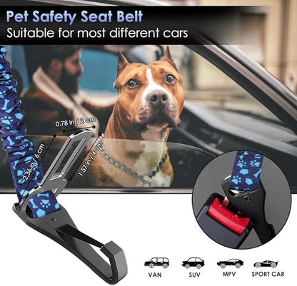 SlowTon Dog Seat Belt, Adjustable Dog Safety Belt Leash, 2 in 1 Latch Bar Attachment Dogs Car Seatbelt with Elastic Nylon Bungee Buffer, Reflective Nylon Belt Tether Connect (BL Dog Paw)