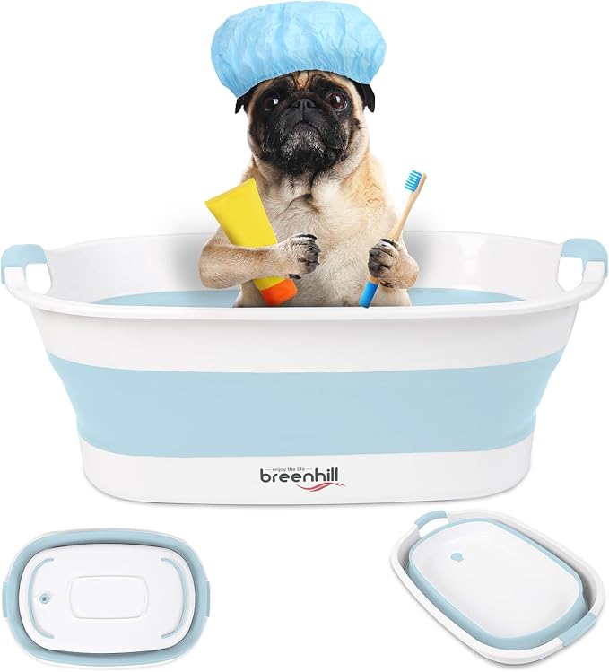 Collapsible Dog Bath Tub for Small Dogs &amp; Cats, Portable Puppy Bath Tub with Water Drain Plug, Space Saving Foldable Pet Bathtub for Indoor &amp; Outdoor Use, Blue