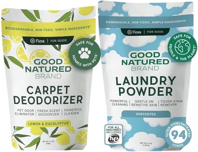 Good Natured Brand | Laundry Bundle | Carpet Freshener Lemon &amp; Eucalyptus 31oz | Pet-Friendly Carpet Deodorizer | Laundry Powder Unscented 47oz | Hypoallergenic Laundry Powder 94 Loads