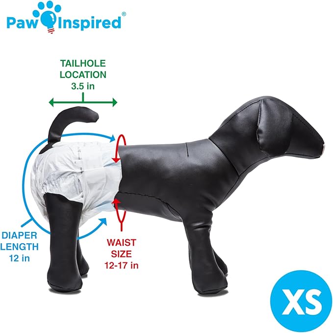 Paw Inspired Disposable Dog Diapers | Female Dog Diapers Ultra Protection | Diapers for Dogs in Heat, Excitable Urination, or Incontinence (12&amp;144 Count) (X-Small (12 Count))
