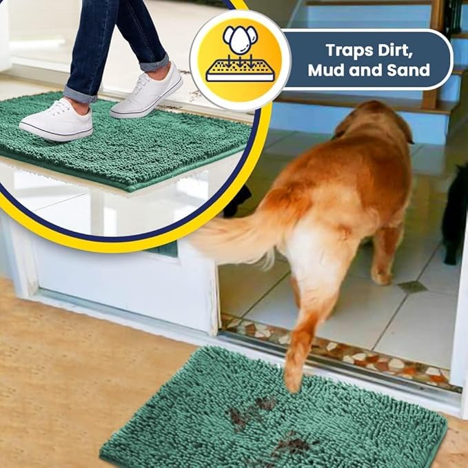 Muddy Mat® Pack of 3 Highly Absorbent Microfiber Dog Door Mat and Pet Rug, Non Slip Thick Washable Area Mat Soft Chenille for Kitchen Bathroom Bedroom and Outdoor - Sea Green Small, Medium &amp; Large