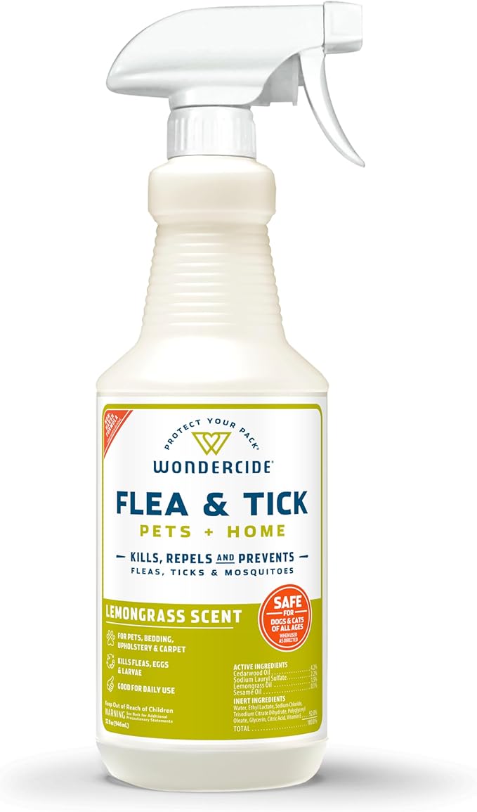Wondercide - Flea, Tick &amp; Mosquito Spray for Dogs, Cats, and Home - Flea and Tick Killer, Control, Prevention, Treatment - with Natural Essential Oils - Pet and Family Safe - Lemongrass 32 oz