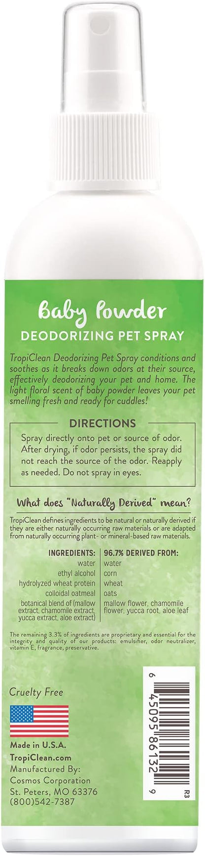 TropiClean Dog Perfume, Long Lasting Baby Powder Cologne, Deodorizing Spray for Smelly Dogs, After Bath Detangling Spray with Vitamin E, Safe for Cats, 8oz.