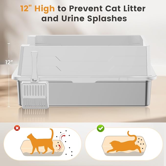 XXXL Stainless Steel Litter Box,Extra Large 28" L x 20" W Metal Litter Box for Big Cats &amp; Multiple Cats with High Sided, Anti-Urine Leakage, Non-Sticky, Easy Cleaning, Include Scoop(White