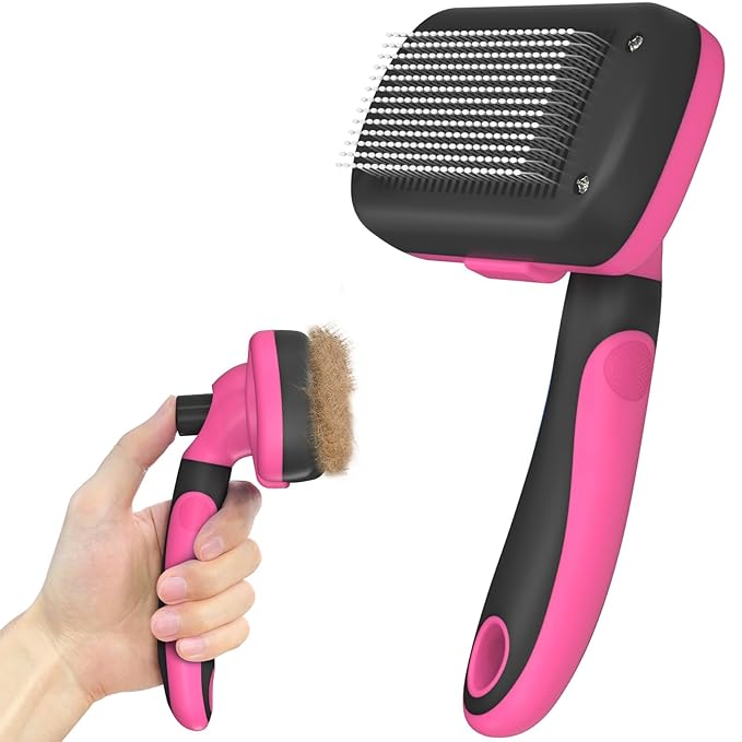 Self-Cleaning Pet Grooming Brush - Skin-Friendly Deshedding Tool for Dogs &amp; Cats in Pink, Removes Loose Hair and Tangles