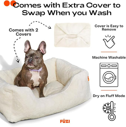 FUZI Luxury Aesthetic Dog Bed with Extra Cover for Small Dogs, Washable Pet Couch, Pet Bed with Sides, Non-Slip Bottom, Soft &amp; Durable Calming Dog Bed, Faux Rabbit Fur, Small 25.1x16.75x9.5 Soft White