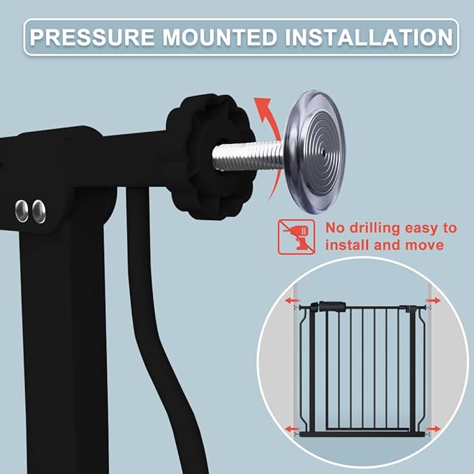 Black Baby Gate 29-34 Inch Wide Walk Through Pressure Mounted Safety Gate with Door No Drill Tension Metal Gate for Dog Cat and Toddler