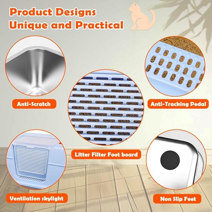 Vivifying Stainless Steel Litter Box with Lid, XL Side Entry Extra Large Litter Box for Big Cats &amp; Kitty, Removable Enclosed Metal Cat Pan with High Sided Enclosure, Scoop, Mat, Footboard (Blue)