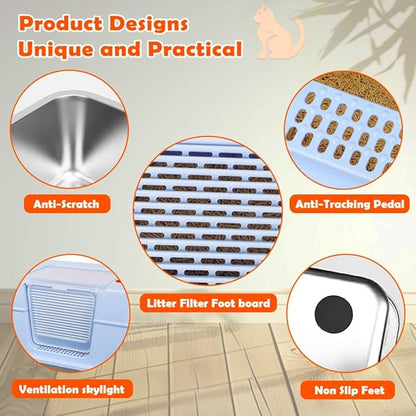 Vivifying Stainless Steel Litter Box with Lid, XL Side Entry Extra Large Litter Box for Big Cats &amp; Kitty, Removable Enclosed Metal Cat Pan with High Sided Enclosure, Scoop, Mat, Footboard (Blue)
