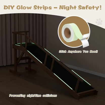 61" Dog Ramp for Bed, Pet Ramp with Removable Side Rail and Non-Slip Surface, Pet Ramp for Small &amp; Large &amp; Senior Dogs with Rest Platform and DIY Glow Strips,Dog Stairs for Couch, Brown