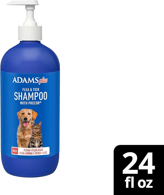 Adams Plus Flea &amp; Tick Shampoo with Precor for Cats, Kittens, Dogs &amp; Puppies Over 12 Weeks Of Age |Sensitive Skin Flea Treatment |Kills Adult Fleas, Flea Eggs, Ticks, and Lice |24 Oz, Pump Included
