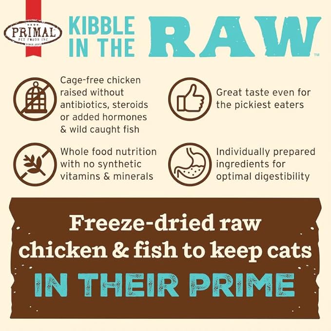 Primal Kibble in The Raw, Freeze Dried Cat Food, Chicken &amp; Fish, Scoop &amp; Serve, Made with Raw Protein, Whole Ingredient Nutrition, Crafted in The USA, Dry Cat Food, 24 Ounce (1.5 lb) Bag