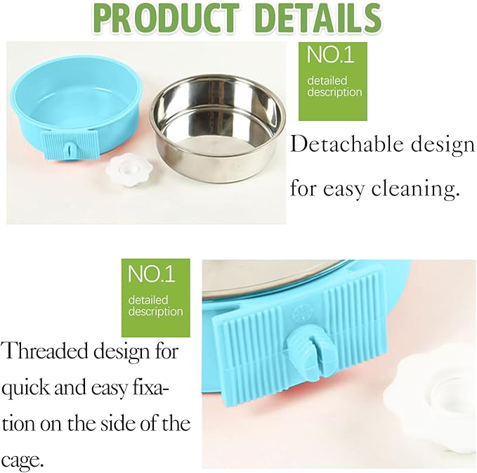 kathson Crate Dog Bowl 2pcs, Removable Stainless Steel Hanging Pet Kennel Cage Bowl Food &amp; Water Feeder Coop Cup for Puppy, Cat, Rabbit,Guinea Pigs Large (Blue,Green)