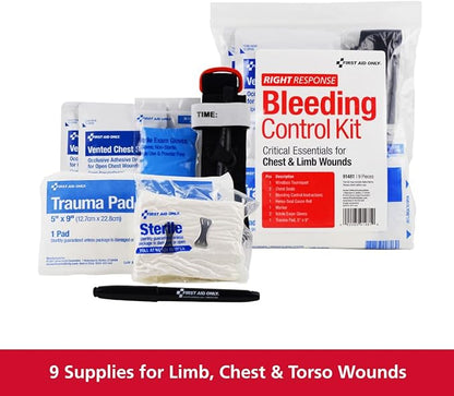 First Aid Only 91481 Critical Essentials Bleeding Control Kit for Chest &amp; Limb Wounds, 9 Pieces
