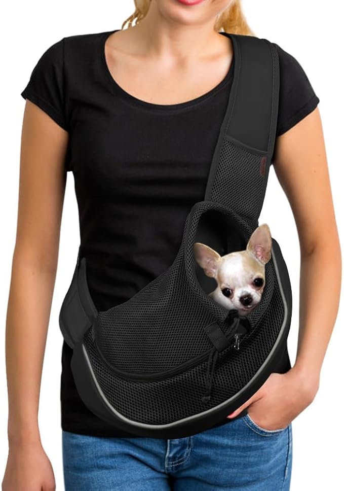 YUDODO Pet Sling Carrier for Small Dogs &amp; Cats – Hands-Free Puppy Carrier with Safety Hook, Large Zipper Pocket, Soft Breathable Mesh, Adjustable Strap &amp; Reflective Strip (Black 2.0 M)