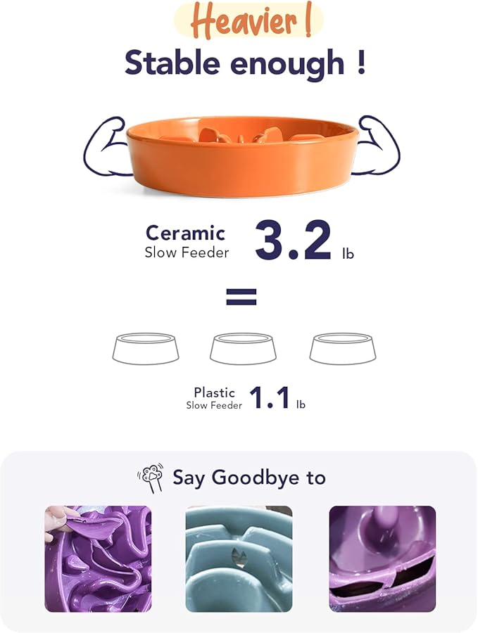 LE TAUCI Ceramic Slow Feeder Puzzle Bowl Elevated 1.5 Cup with Wooden Stand for Small &amp; Medium Dog, Fast Eater Food Bowl Sun Orange