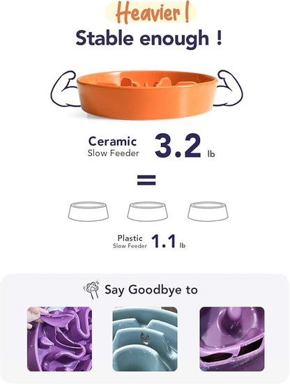 LE TAUCI Ceramic Slow Feeder Puzzle Bowl Elevated 1.5 Cup with Wooden Stand for Small &amp; Medium Dog, Fast Eater Food Bowl Sun Orange